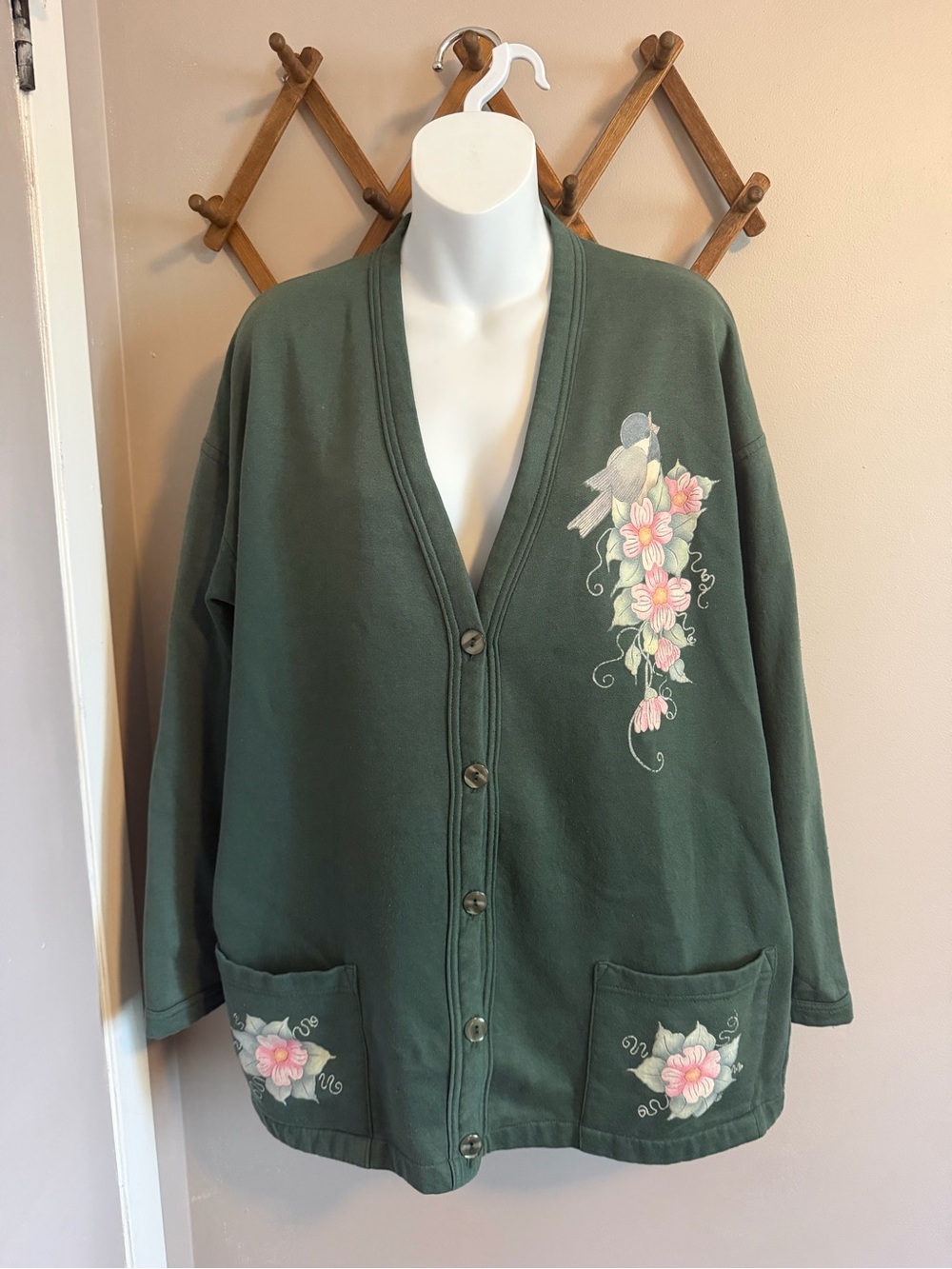 Canada North Vintage Floral Bird Fleece Cardigan Jacket Forest Green L